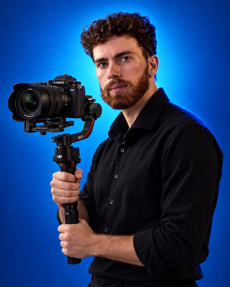 Alexander holding his camera on a gimbal
